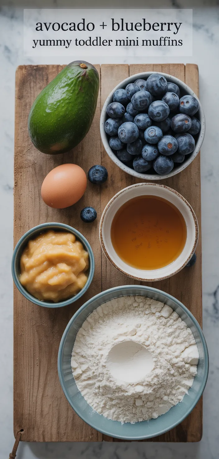 Ingredients photo for Avocado + Blueberry Yummy Toddler Mini Muffins Recipe